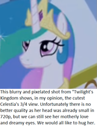 Size: 409x529 | Tagged: safe, screencap, character:princess celestia, episode:twilight's kingdom, g4, my little pony: friendship is magic, 3/4 view, beautiful, blurry, meta, pixelated, solo, you'll play your part