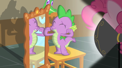 Size: 1280x720 | Tagged: safe, screencap, character:gummy, character:pinkie pie, character:spike, species:dragon, episode:party of one, g4, my little pony: friendship is magic, female, interrogation, looking good spike, male, mirror, spotlight