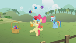 Size: 1280x720 | Tagged: safe, screencap, character:apple bloom, character:rainbow dash, species:earth pony, species:pegasus, species:pony, episode:call of the cutie, g4, my little pony: friendship is magic, ball, basket, female, filly, juggling, mare