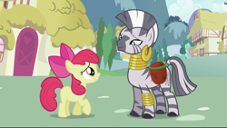 Size: 993x561 | Tagged: safe, screencap, character:apple bloom, character:zecora, species:earth pony, species:pony, species:zebra, episode:the cutie pox, g4, my little pony: friendship is magic, duo, ear piercing, earring, female, filly, jewelry, leg rings, mare, neck rings, piercing