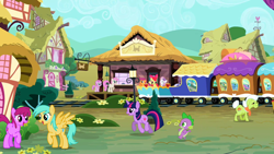 Size: 1280x720 | Tagged: safe, screencap, character:apple bloom, character:berry punch, character:berryshine, character:granny smith, character:minuette, character:piña colada, character:scootaloo, character:serena, character:spike, character:sunshower raindrops, character:sweetie belle, character:twilight sparkle, character:twinkleshine, character:white lightning, species:earth pony, species:pegasus, species:pony, species:unicorn, background pony, building, cutie mark crusaders, female, filly, friendship express, hot air balloon, intro, male, mare, opening, piña cutelada, ponyville, raised hoof, stallion, train, train station, twinkling balloon, waving