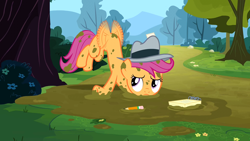 Size: 1280x720 | Tagged: safe, screencap, character:scootaloo, species:pegasus, species:pony, episode:ponyville confidential, g4, my little pony: friendship is magic, clothing, hat, notepad, outfit catalog, scootaloo can't fly, solo
