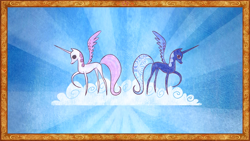 Size: 1280x720 | Tagged: safe, screencap, character:princess celestia, character:princess luna, species:alicorn, species:pony, episode:friendship is magic, g4, my little pony: friendship is magic, book, cloud, duo, female, hooves, horn, illustration, it begins, mare, on a cloud, pink-mane celestia, pony history, raised hoof, royal sisters, s1 luna, sisters, spread wings, standing on a cloud, start of ponies, storybook, wings
