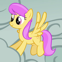 Size: 474x474 | Tagged: safe, screencap, character:sunny rays, species:pegasus, species:pony, episode:look before you sleep, g4, my little pony: friendship is magic, background pony, cloud, cloudy, cropped, female, flying, mare, smiling, solo, spread wings, sunny rays, wings