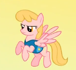 Size: 247x226 | Tagged: safe, screencap, character:honey rays, species:pegasus, species:pony, episode:winter wrap up, g4, my little pony: friendship is magic, background pony, cropped, flying, simple background, solo, weather team, winter wrap up vest, yellow background
