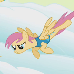 Size: 314x314 | Tagged: safe, screencap, species:pegasus, species:pony, episode:winter wrap up, g4, my little pony: friendship is magic, background pony, cropped, female, flying, mare, narrowed eyes, rain dance (character), solo