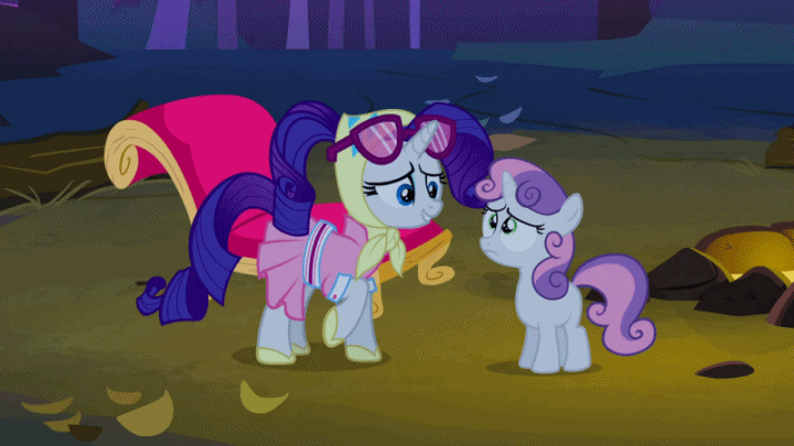 Size: 720x405 | Tagged: safe, screencap, character:rarity, character:sweetie belle, species:pony, species:unicorn, episode:sleepless in ponyville, g4, my little pony: friendship is magic, animated, camping outfit, clothing, comforting, cute, sisterly love, sisters