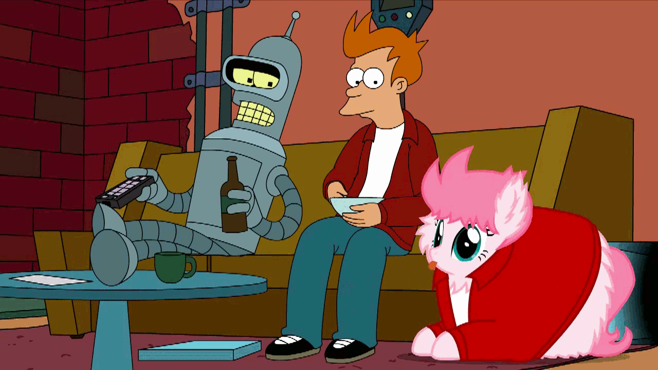 Size: 1280x720 | Tagged: safe, artist:mixermike622, screencap, oc, oc:fluffle puff, animated, bender bending rodriguez, cereal, couch, crossover, fluffurama, futurama, nom, philip j. fry, youtube link