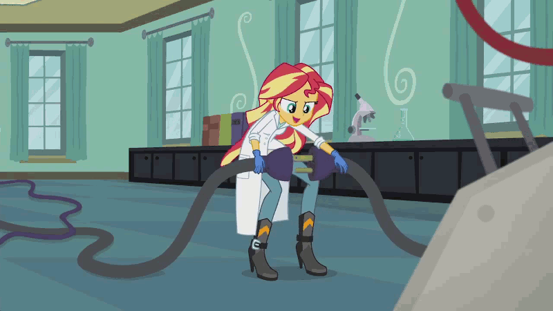 Size: 800x450 | Tagged: safe, screencap, character:sunset shimmer, episode:the science of magic, equestria girls:friendship games, g4, my little pony:equestria girls, animated, cable, loop, plug, solo, sunset the science gal
