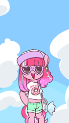 Size: 640x1136 | Tagged: safe, artist:momo, character:pinkie pie, species:pony, bipedal, clothing, cloud, cloudy, cute, diapinkes, donut, ear piercing, earring, food, jewelry, open mouth, piercing, semi-anthro, shorts, smiling, solo, sunglasses