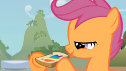Size: 800x450 | Tagged: safe, screencap, character:scootaloo, species:pegasus, species:pony, episode:family appreciation day, g4, my little pony: friendship is magic, bread, female, filly, lidded eyes, mid-blink screencap, solo, tongue out, zap apple jam
