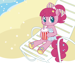 Size: 906x763 | Tagged: dead source, safe, artist:momo, character:pinkie pie, species:unguligrade anthro, alternate hairstyle, ambiguous facial structure, beach, bow, clothing, cute, diapinkes, dress, drink, drinking, flower, hair bow, lawn chair, sitting, solo