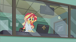 Size: 1920x1080 | Tagged: safe, screencap, character:sunset shimmer, episode:the science of magic, equestria girls:friendship games, g4, my little pony:equestria girls, clothing, lab coat, solo, sunset the science gal