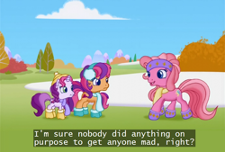 Size: 740x500 | Tagged: safe, screencap, character:pinkie pie, character:scootaloo, character:sweetie belle, species:pegasus, species:pony, episode:twinkle wish adventure, g3.5, bandana, clothing, cutie mark, earmuffs, hat, image macro, meme, scarf, subtitles, text