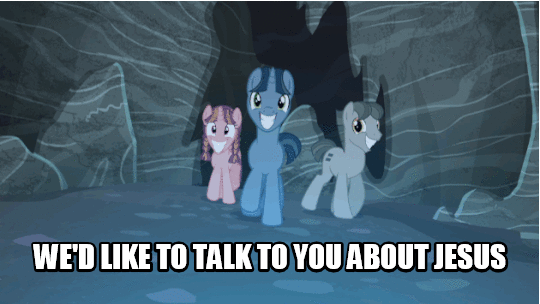Size: 540x304 | Tagged: safe, screencap, character:log jam, episode:the cutie map, g4, my little pony: friendship is magic, animated, bacon braids, creepers, creepy, creepy smile, equal cutie mark, equalized, image macro, jehovah's witness, jesus christ, meme, monochrome, op started shit, religion, unnamed pony