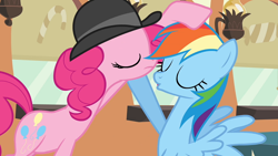Size: 800x450 | Tagged: safe, screencap, character:pinkie pie, character:rainbow dash, species:earth pony, species:pegasus, species:pony, episode:mmmystery on the friendship express, g4, my little pony: friendship is magic, clothing, duckface, eyes closed, female, hat, imminent kissing, mare, out of context