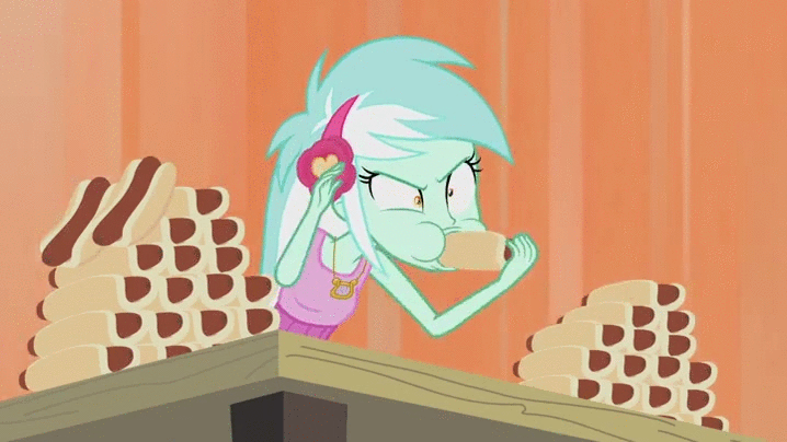 Size: 718x404 | Tagged: safe, screencap, character:lyra heartstrings, episode:all's fair in love & friendship games, equestria girls:friendship games, g4, my little pony:equestria girls, animated, eating, hot dog, lyra scarfing down weiners, regurgitation, reversed, solo