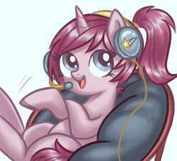Size: 761x691 | Tagged: safe, artist:mcponyponypony, oc, oc only, oc:emcee, species:pony, species:unicorn, cute, female, headphones, mare, microphone, open mouth, ponytail, sitting, smiling, solo