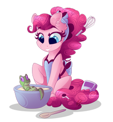 Size: 1024x1099 | Tagged: dead source, safe, artist:lolepopenon, character:gummy, character:pinkie pie, alternate hairstyle, apron, bow, bowl, clothing, cooking, hair bow, simple background, solo, spoon, transparent background, whisk