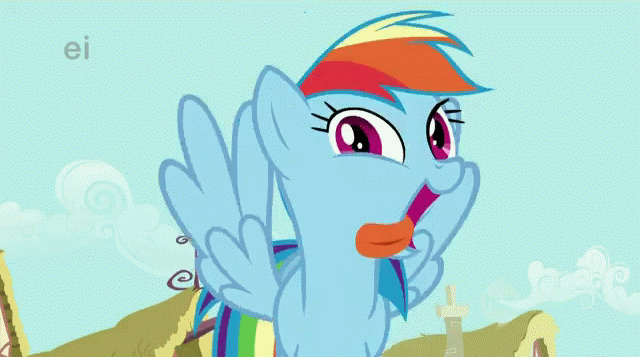 Size: 640x357 | Tagged: safe, screencap, character:rainbow dash, species:pegasus, species:pony, episode:a bird in the hoof, g4, my little pony: friendship is magic, animated, cute, ei, female, flapping, looking at you, mare, open mouth, rainbow dash is best facemaker, silly, silly pony, smiling, solo, spread wings, tongue out, wings