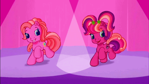 Size: 568x320 | Tagged: safe, screencap, character:cheerilee (g3), character:pinkie pie (g3), character:scootaloo (g3), species:pony, episode:waiting for the winter wishes festival, g3.5, animated, dancing, female, literal butthurt, mare, sitting, tail wag