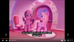 Size: 854x480 | Tagged: safe, screencap, character:cheerilee (g3), character:pinkie pie (g3), episode:cheerilee's pajama party, g3, meet the ponies, jesus christ, meme, youtube caption