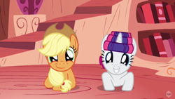 Size: 1920x1080 | Tagged: safe, screencap, character:applejack, character:rarity, crab pony, grin, smiling, smirk
