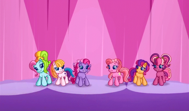 Size: 740x435 | Tagged: safe, screencap, character:cheerilee (g3), character:pinkie pie (g3), character:rainbow dash (g3), character:scootaloo (g3), character:starsong, character:toola roola (g3), episode:waiting for the winter wishes festival, g3.5, animated, dancing, spotlight, tapping