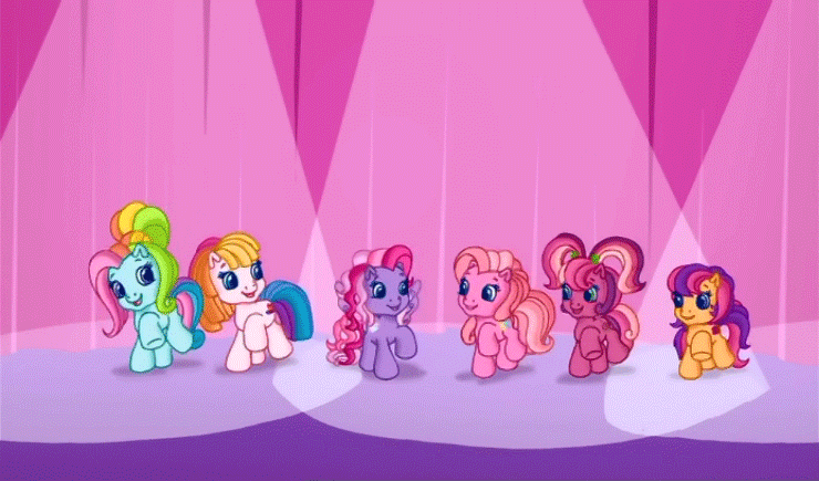 Size: 740x435 | Tagged: safe, screencap, character:cheerilee (g3), character:pinkie pie (g3), character:rainbow dash (g3), character:scootaloo (g3), character:starsong, character:toola roola (g3), episode:waiting for the winter wishes festival, g3.5, animated, dancing, spotlight