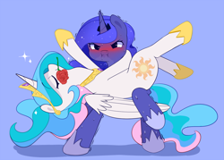 Size: 1260x900 | Tagged: safe, artist:joyfulinsanity, character:princess celestia, character:princess luna, angry, bipedal, blushing, cute, cutelestia, dancing, eyes closed, flower, flower in mouth, lunabetes, madorable, mouth hold, profile, sweat, tango, unamused