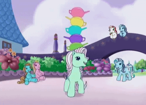 Size: 498x360 | Tagged: safe, screencap, character:minty, species:pony, episode:a charming birthday, g3, animated, balancing, bowing, clumsy, fail, oh minty minty minty, silly, silly pony, smiling, teapot