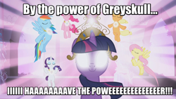 Size: 1280x720 | Tagged: safe, screencap, character:applejack, character:fluttershy, character:pinkie pie, character:rainbow dash, character:rarity, character:twilight sparkle, elements of harmony, he-man, image macro, mane six, meme, the elements in action