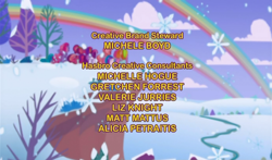 Size: 740x435 | Tagged: safe, screencap, character:cheerilee (g3), character:pinkie pie (g3), character:rainbow dash (g3), character:scootaloo (g3), character:starsong, character:sweetie belle (g3), character:toola roola (g3), episode:twinkle wish adventure, g3.5, alicia petraitis, core seven, credits screen, double rainbow, gretchen forrest, liz knight, matt mattus, michele boyd, michelle hogue, valerie jurries