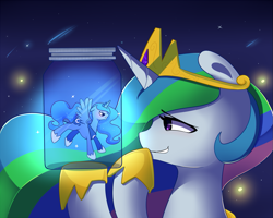 Size: 1125x900 | Tagged: safe, artist:joyfulinsanity, character:princess celestia, character:princess luna, species:alicorn, species:pony, constellation, ethereal mane, galaxy mane, hoof shoes, jar, micro, pony in a bottle, shrunk, tiny ponies, trapped, trollestia