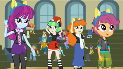 Size: 1366x768 | Tagged: safe, screencap, character:captain planet, character:cloudy kicks, character:drama letter, character:mystery mint, character:scootaloo, character:scribble dee, character:watermelody, character:wiz kid, species:pegasus, species:pony, equestria girls:friendship games, g4, my little pony:equestria girls, background human, brawly beats, care root, chs rally song, cloudy kicks, derp, discovery family logo, golden hazel, wiz kid