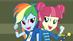 Size: 1366x768 | Tagged: safe, screencap, character:majorette, character:rainbow dash, character:sweeten sour, equestria girls:friendship games, g4, my little pony:equestria girls, background human, baton, chs rally song, discovery family logo, majorette, sweeten sour