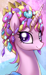 Size: 400x640 | Tagged: safe, artist:kairean, character:princess cadance, species:alicorn, species:pony, alternate hairstyle, ceremonial headdress, looking at you, portrait, smiling, solo