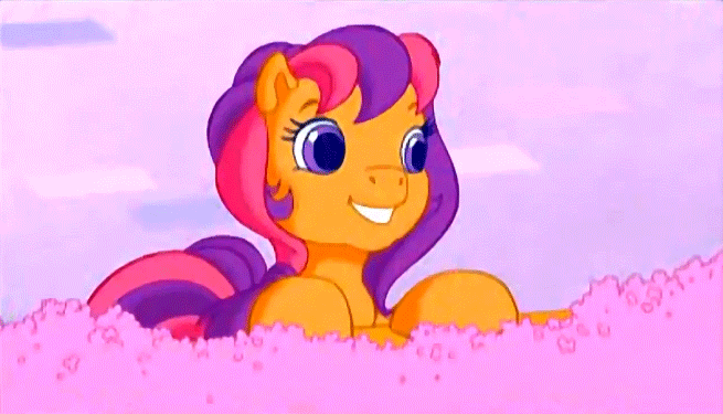 Size: 655x375 | Tagged: safe, screencap, character:scootaloo (g3), episode:pinkie pie's ferris wheel adventure, g3.5, animated, laughing, popcorn, solo