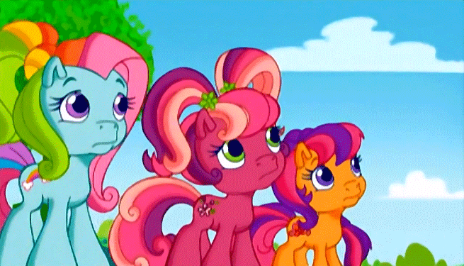 Size: 655x375 | Tagged: safe, screencap, character:cheerilee (g3), character:rainbow dash (g3), character:scootaloo (g3), episode:pinkie pie's ferris wheel adventure, g3.5, animated, blinking, concerned, frown, reaction image