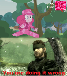Size: 1024x1152 | Tagged: safe, screencap, character:pinkie pie, episode:pinkie spy, equestria girls:friendship games, g4, my little pony:equestria girls, big boss, camouflage, image macro, meme, metal gear, metal gear solid 3, naked snake, snake eater, you're doing it wrong