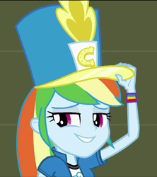 Size: 596x671 | Tagged: safe, screencap, character:rainbow dash, equestria girls:friendship games, g4, my little pony:equestria girls, chs rally song, clothing, hat, shako, smiling, solo, tips fedora