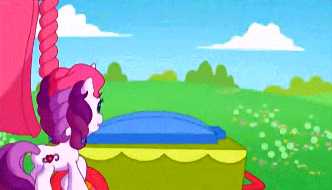 Size: 655x375 | Tagged: safe, screencap, character:pinkie pie (g3), character:sweetie belle (g3), episode:pinkie pie's ferris wheel adventure, g3.5, animated, apron, clothing, hat