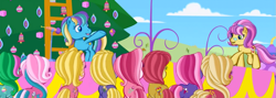 Size: 1223x435 | Tagged: safe, screencap, character:coconut cream (g3), character:cotton candy (g3), character:desert rose, character:fiesta flair, character:mayor flitter flutter, episode:twinkle wish adventure, g3, g3.5, announcer, cotton candy, daisyjo, ever forever green tree, fizzypop, forsythia, g3 panorama, magic marigold, microphone, rear view, seaspray (g3)