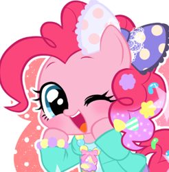 Size: 361x367 | Tagged: safe, artist:momo, character:pinkie pie, species:pony, abstract background, askharajukupinkiepie, bow, bracelet, candy, clothing, cute, diapinkes, food, hair accessory, hair bow, harajuku, jewelry, one eye closed, open mouth, solo, wink