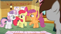 Size: 1052x590 | Tagged: safe, screencap, character:apple bloom, character:pipsqueak, character:scootaloo, character:sweetie belle, species:earth pony, species:pegasus, species:pony, episode:crusaders of the lost mark, g4, my little pony: friendship is magic, colt, cutie mark crusaders, male
