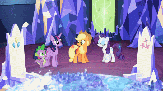 Size: 524x294 | Tagged: safe, screencap, character:applejack, character:rarity, character:spike, character:twilight sparkle, character:twilight sparkle (alicorn), species:alicorn, species:dragon, species:earth pony, species:pony, species:unicorn, episode:made in manehattan, g4, my little pony: friendship is magic, animated, cutie map, cutie mark, female, friendship throne, mare