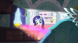 Size: 1052x584 | Tagged: safe, screencap, character:rarity, episode:canterlot boutique, g4, my little pony: friendship is magic, clothing, crepuscular rays, dress, princess dress, rainbow, rules of rarity, solo, sunlight