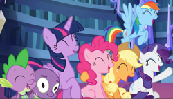 Size: 1826x1054 | Tagged: safe, screencap, character:applejack, character:pinkie pie, character:rainbow dash, character:rarity, character:spike, character:twilight sparkle, character:twilight sparkle (alicorn), species:alicorn, species:dragon, species:earth pony, species:pegasus, species:pony, species:unicorn, episode:scare master, g4, my little pony: friendship is magic, clothing, costume, dragon costume, eyes closed, female, male, mare, two-headed dragon