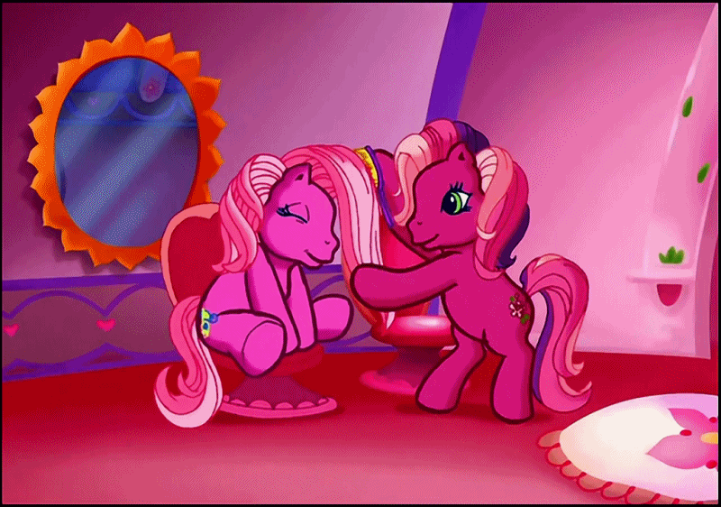 Size: 800x562 | Tagged: safe, screencap, character:cheerilee (g3), character:pinkie pie (g3), episode:cheerilee's pajama party, g3, meet the ponies, animated, comb, cute, eyes closed, loop