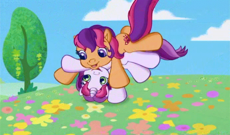 Size: 740x435 | Tagged: safe, screencap, character:scootaloo (g3), character:sweetie belle (g3), species:pegasus, species:pony, g3.5, animated, intro, opening, opening theme, rolling, smiling